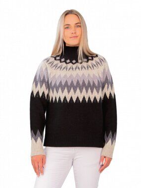 Obermeyer 100% Wool Fair Isle Ski Sweater Medium Black Grey Mock Neck Knit Pullo